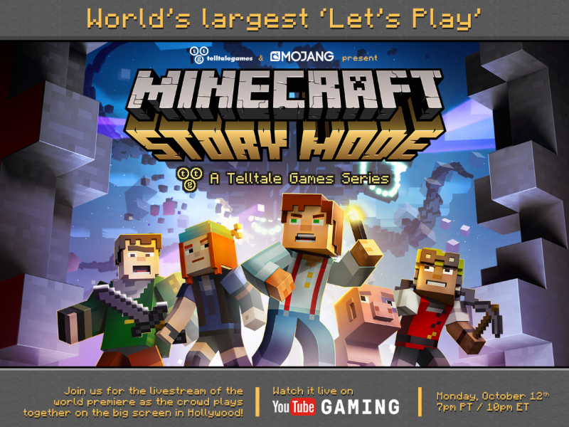 ‘Minecraft: Story Mode – A Telltale Games Series’  to Livestream ‘World’s Largest Let’s Play’  on YouTube Gaming